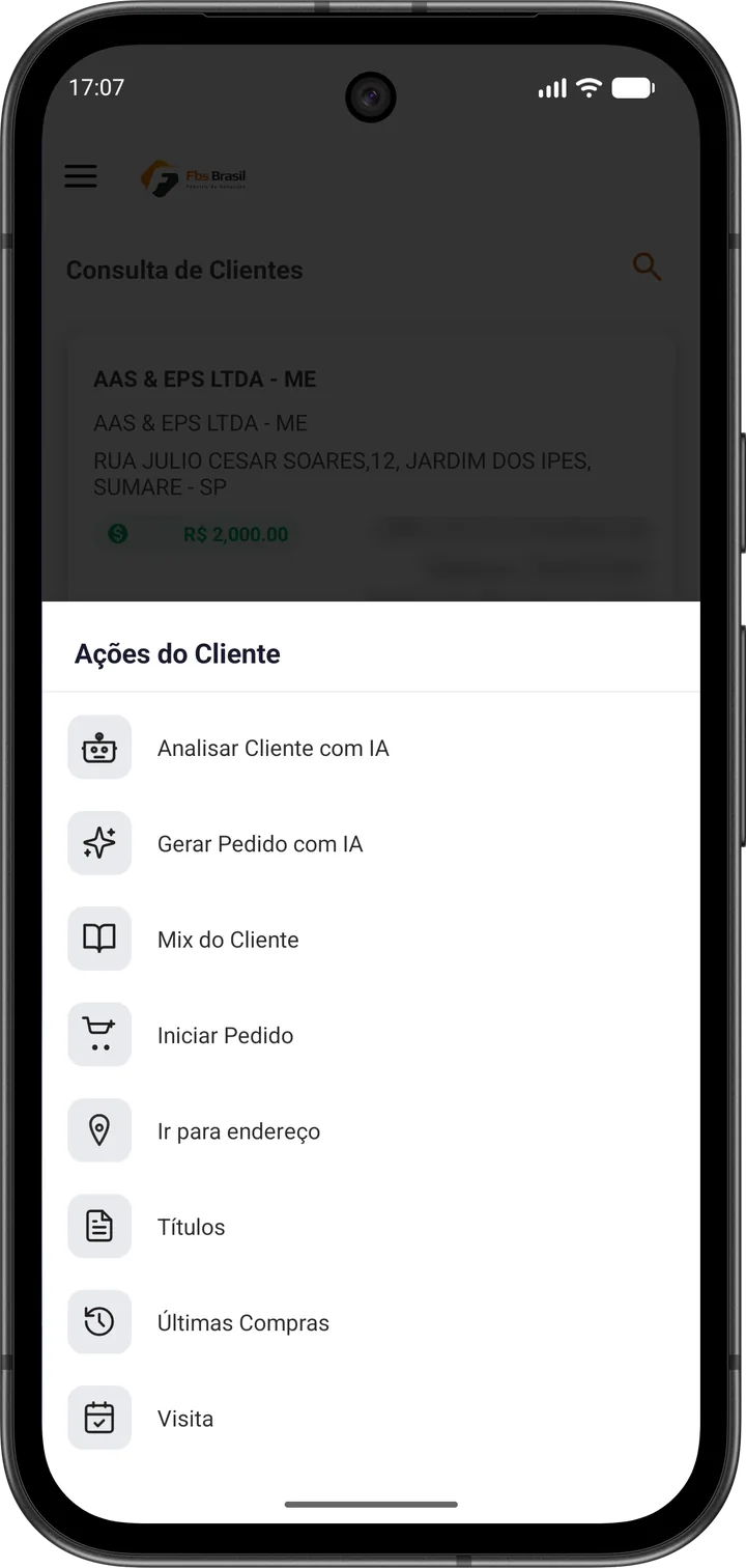 Menu Ações do Cliente com Analisar Cliente com IA, Gerar Pedido com IA, Mix do Cliente, Iniciar Pedido, Ir para endereço, Títulos, Últimas Compras e Visita