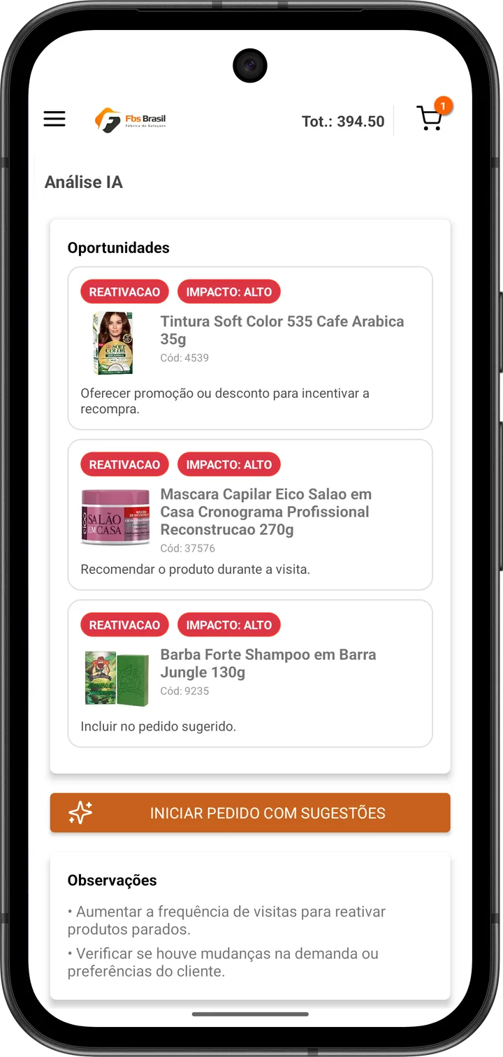 Oportunidades da análise IA com itens para reativação de impacto alto e o botão Iniciar pedido com sugestões