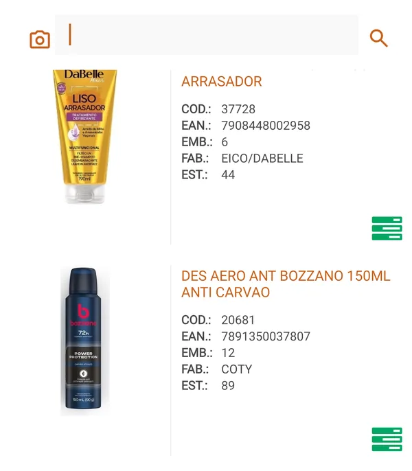 Busca do catálogo com o ícone de câmera para ler o código de barras e produtos com código, EAN, fabricante e estoque