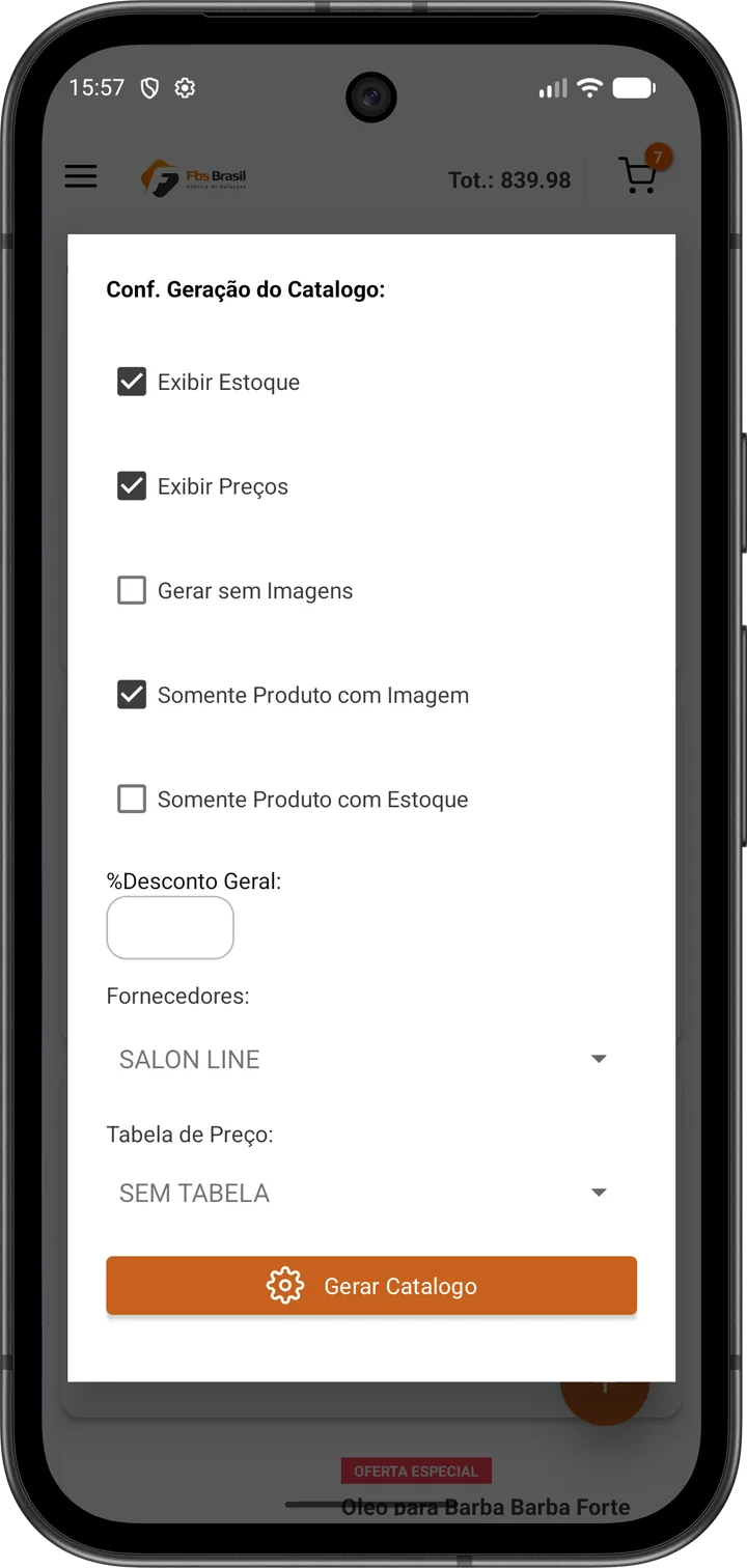 Tela de configuração da geração do catálogo com as opções exibir estoque, exibir preços, gerar sem imagens, fornecedor, tabela de preço e percentual de desconto