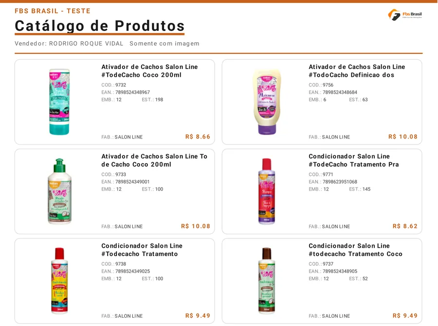 Página do catálogo de produtos gerado em PDF pelo app, com foto, código, EAN, embalagem, estoque, fabricante e preço de cada produto