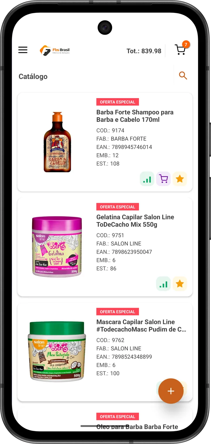 Catálogo do app com produtos em oferta especial no topo, foto, código, fabricante, EAN, embalagem, estoque e indicadores