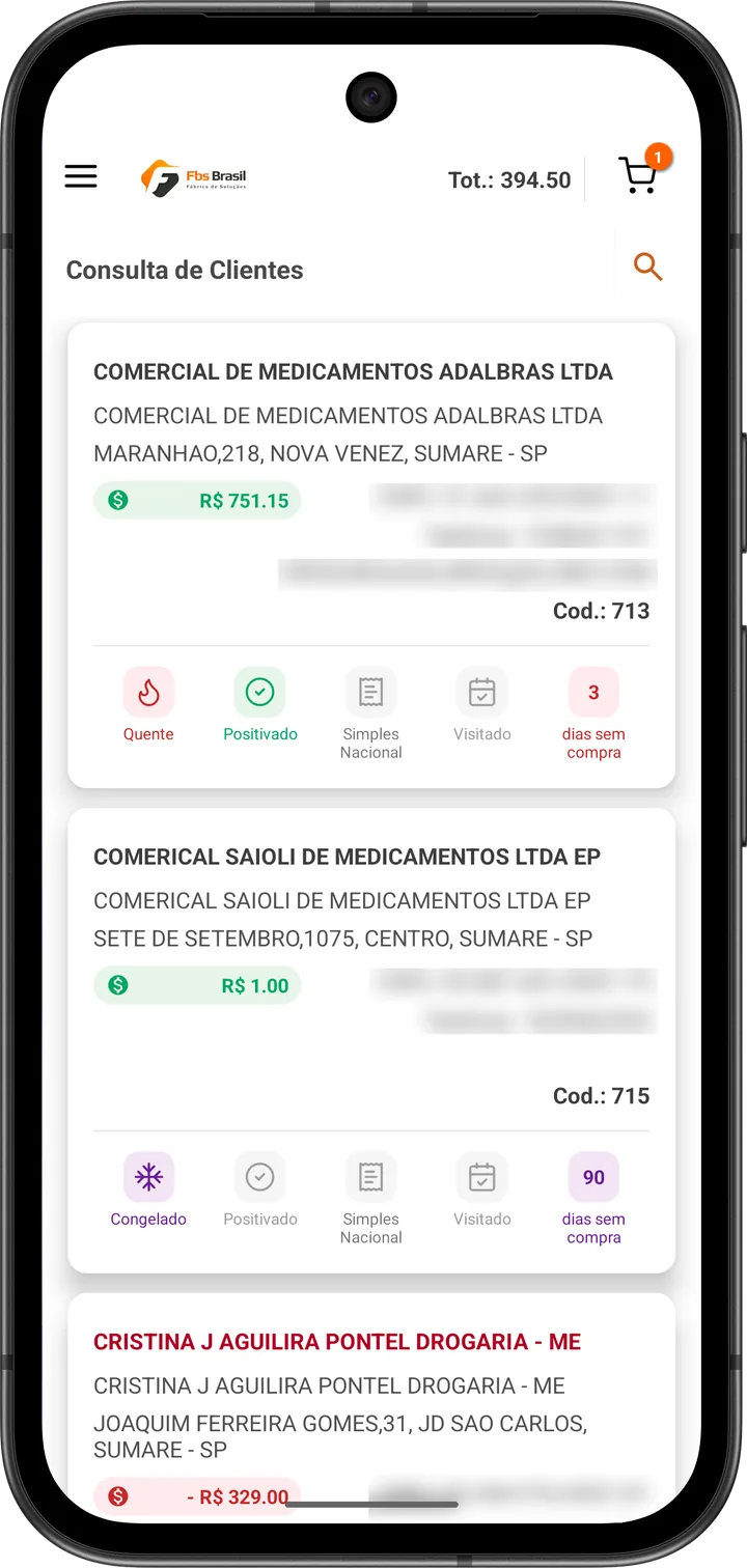 Tela de clientes com o termômetro: cliente quente e positivado no mês, cliente congelado há 90 dias sem compra e cliente bloqueado com o nome em vermelho; CNPJ, telefone e e-mail borrados