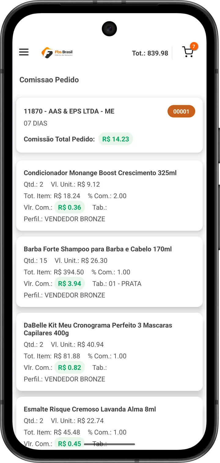 Tela Comissão do Pedido com a comissão total e a de cada item, com quantidade, valor unitário, total do item, percentual de comissão e perfil do vendedor