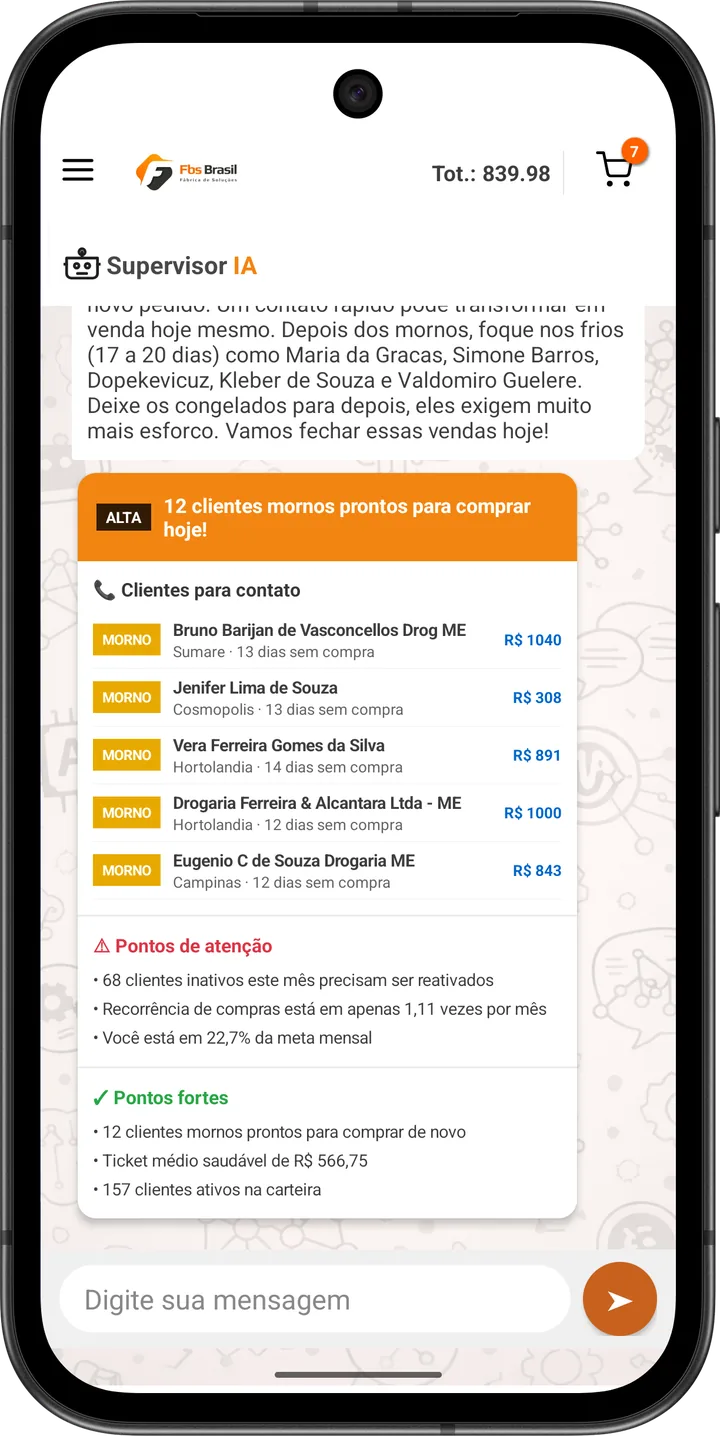 Supervisor IA listando clientes mornos prontos para comprar, com cidade e dias sem compra