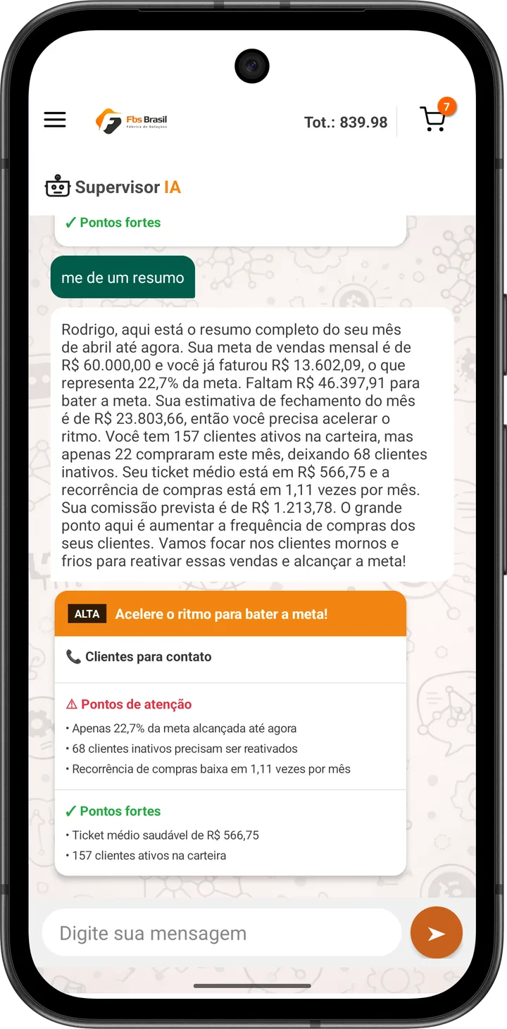 Supervisor IA: o vendedor pede um resumo e recebe o card Acelere o ritmo para bater a meta, com pontos de atenção e pontos fortes do mês