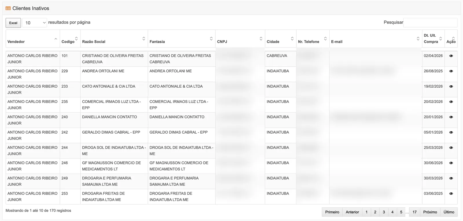 Tela de clientes inativos do painel com a data da última compra de cada cliente e o botão de exportar para Excel