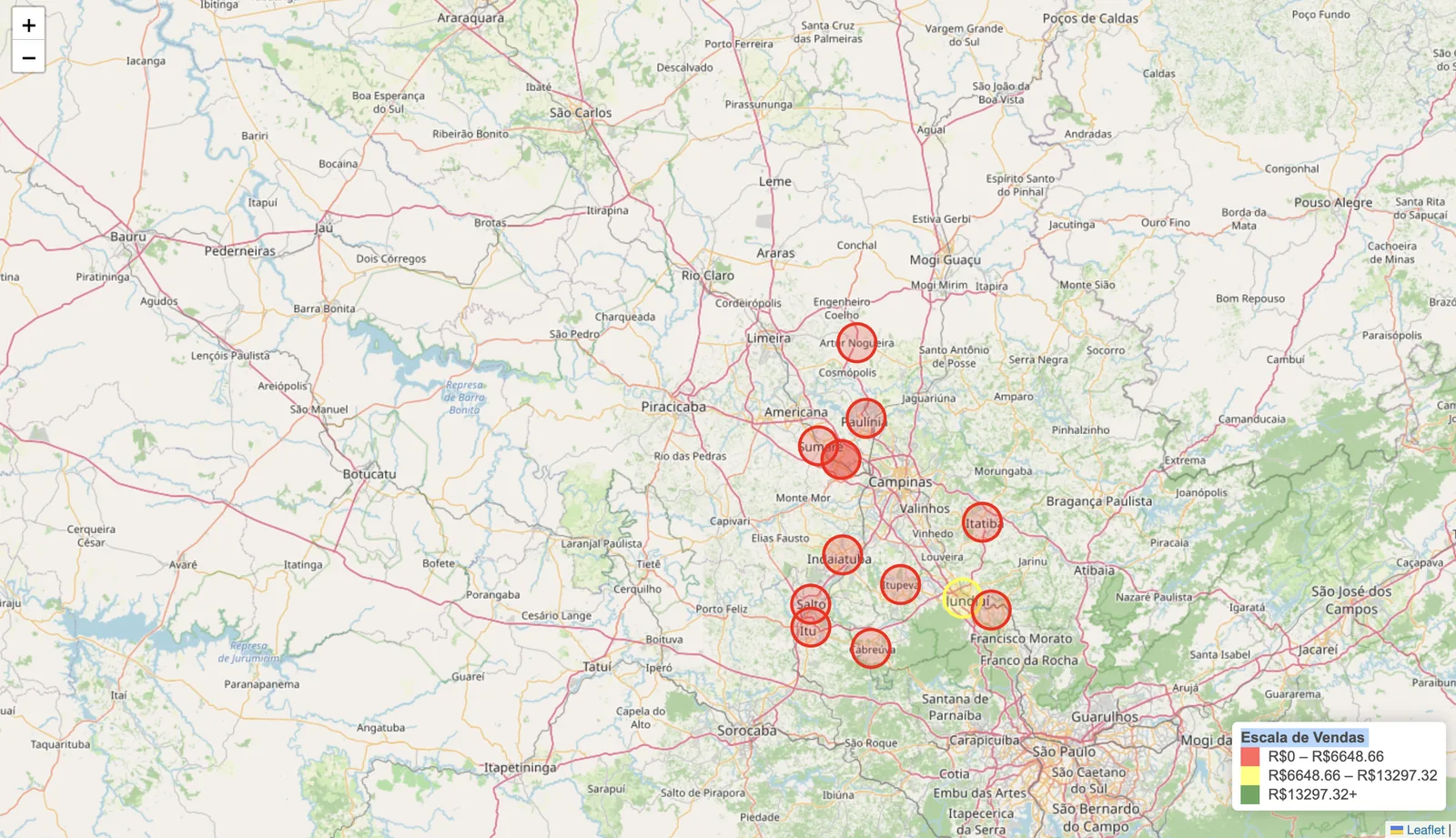 Mapa de venda por área com cidades da região de Campinas marcadas por faixa de valor