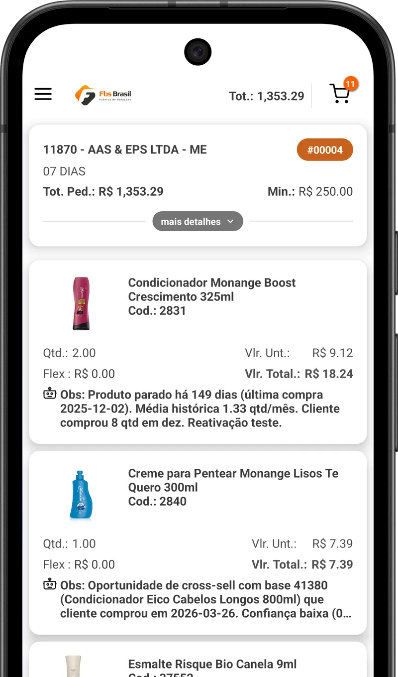Tela do app com o pedido sugerido pela IA: cada item traz o motivo da sugestão, como produto parado há 149 dias e oportunidade de cross-sell