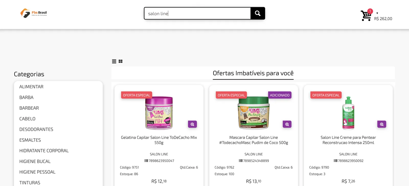 Busca por "salon line" no portal mostrando só os produtos da marca