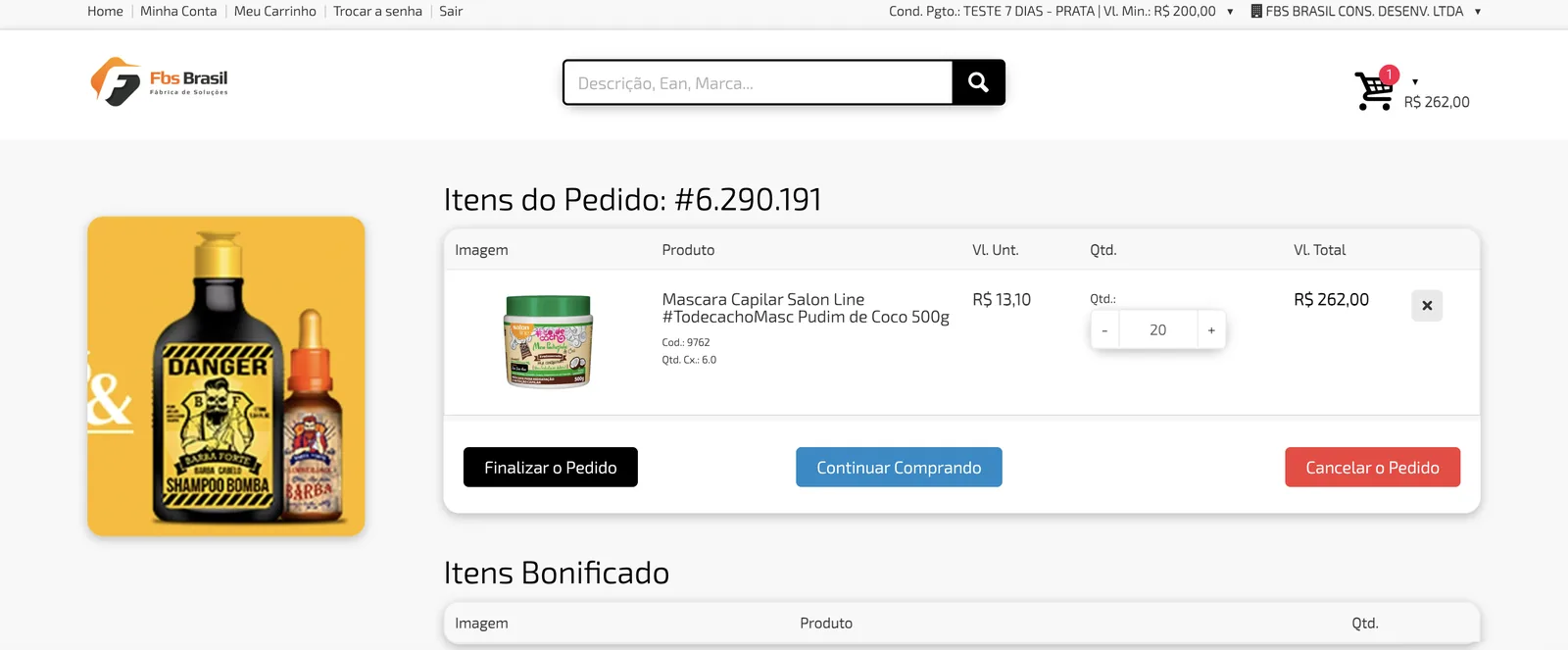 Carrinho do FBS Portal B2B com itens do pedido, quantidade, valor total, botões Finalizar o pedido, Continuar comprando e Cancelar o pedido e, abaixo, a lista de Itens Bonificados