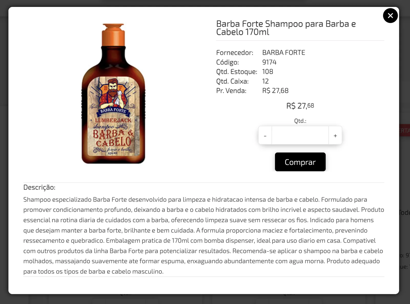 Detalhe do produto no portal com fornecedor, código, quantidade em estoque, quantidade por caixa, preço de venda, descrição e botão Comprar