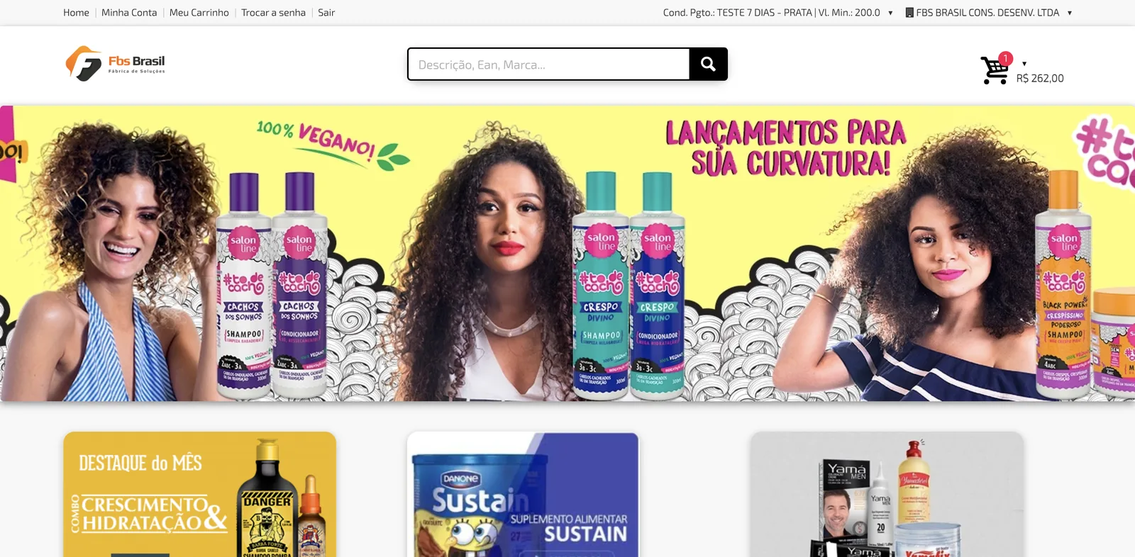 Página inicial do portal com busca por descrição, EAN ou marca, carrinho, condição de pagamento no topo, banner de campanha e banners de destaque