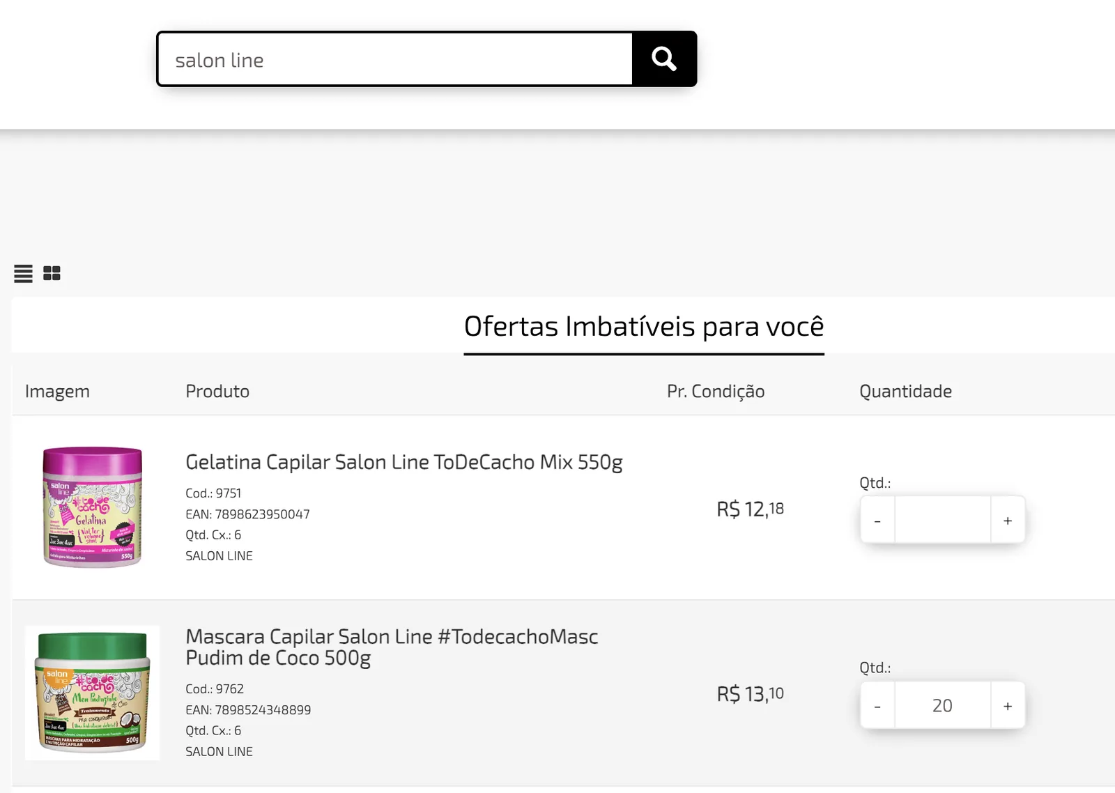 Visão em lista do portal com imagem, produto, código, EAN, quantidade por caixa, preço da condição e campo de quantidade em cada linha
