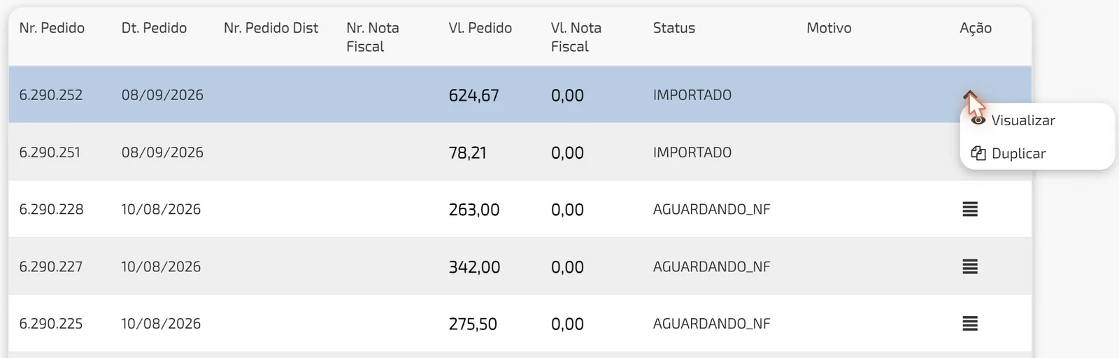 Menu de ação de um pedido no portal com as opções Visualizar e Duplicar
