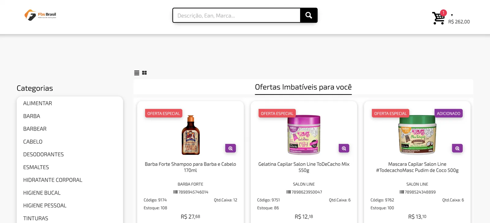 Vitrine “Ofertas imbatíveis para você” do portal com cards marcados como Oferta Especial, categorias à esquerda e, em cada card, código, EAN, estoque, quantidade por caixa e preço