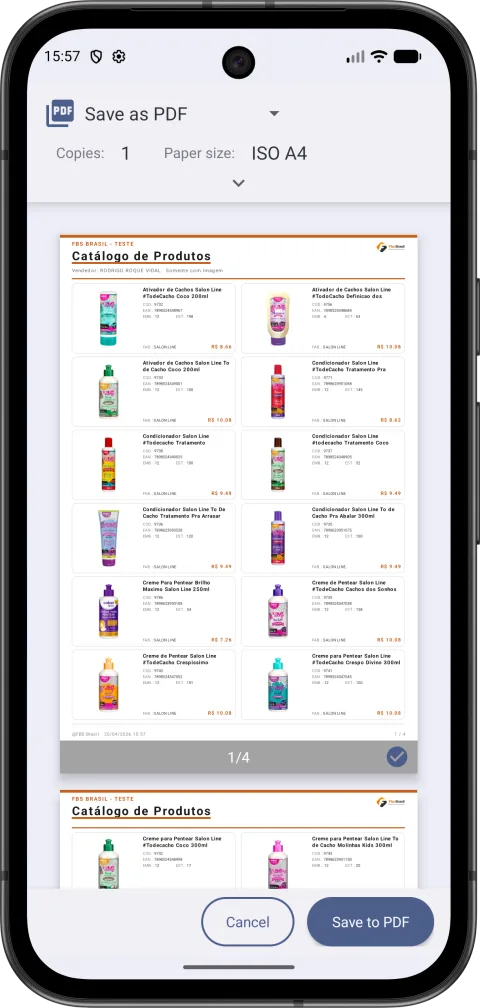 Catálogo de produtos gerado em PDF pronto para salvar e compartilhar