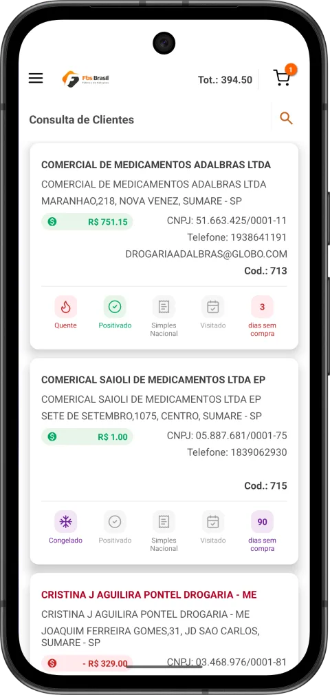 FBS Mobile — Consulta de clientes com temperatura e dias sem compra