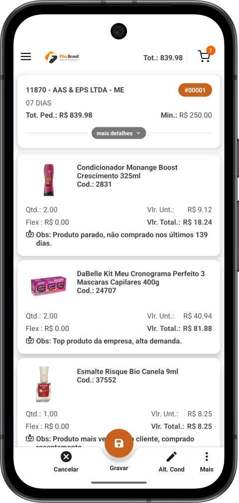 Tela de pedido detalhado com observações inteligentes por produto