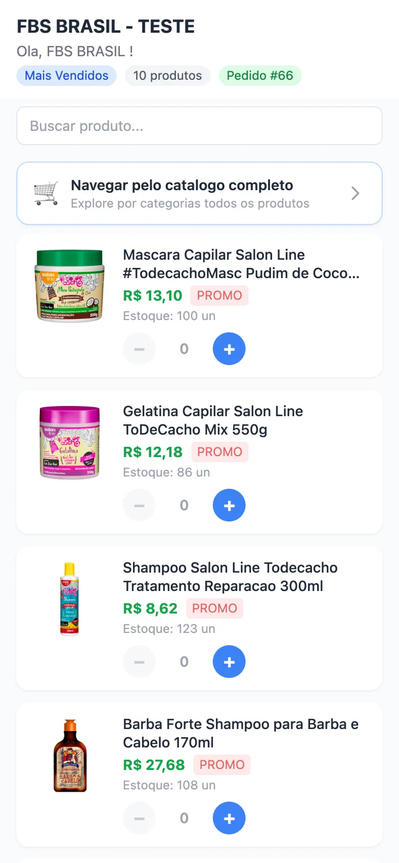 Catálogo Mais Vendidos com 10 produtos, foto, preço, selo PROMO e estoque