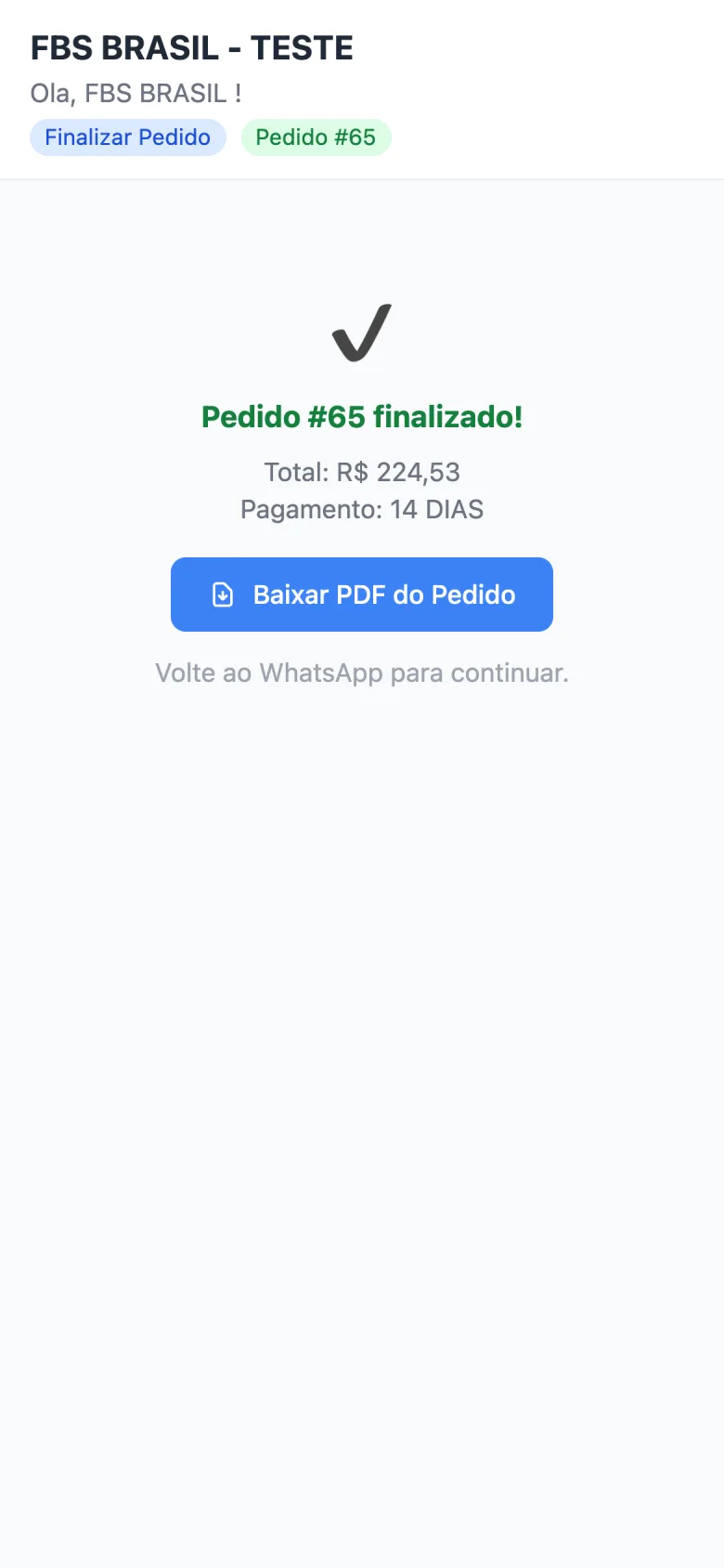 Tela Pedido #65 finalizado com total, condição de pagamento e o botão Baixar PDF do Pedido